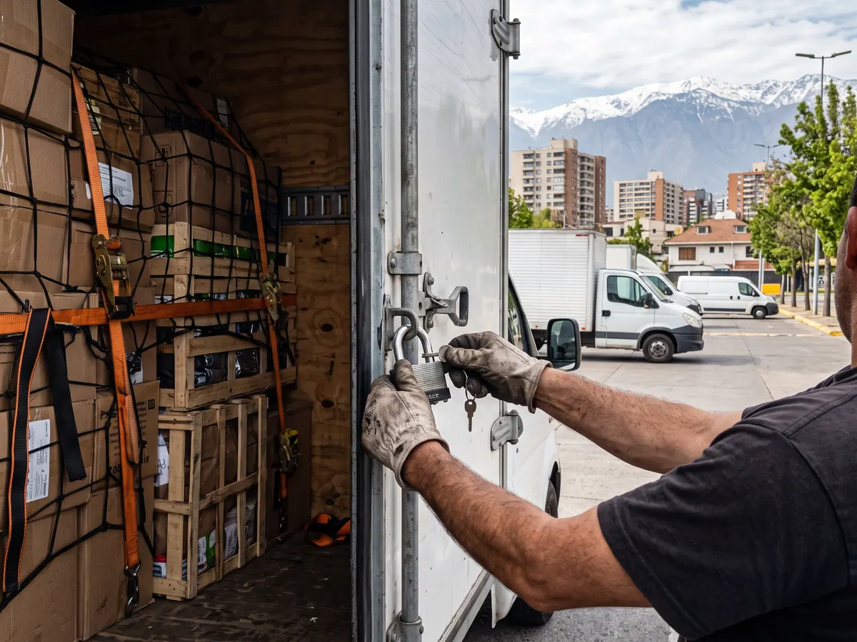 Conductor y peoneta cargando pallets con film y cajas en un camión estacionado frente a una bodega antes de un viaje a regiones