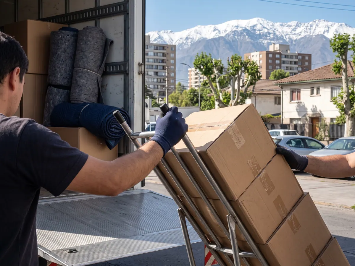 Camión con rampla cargando pallets con grúa horquilla en el patio de una bodega de la Región Metropolitana