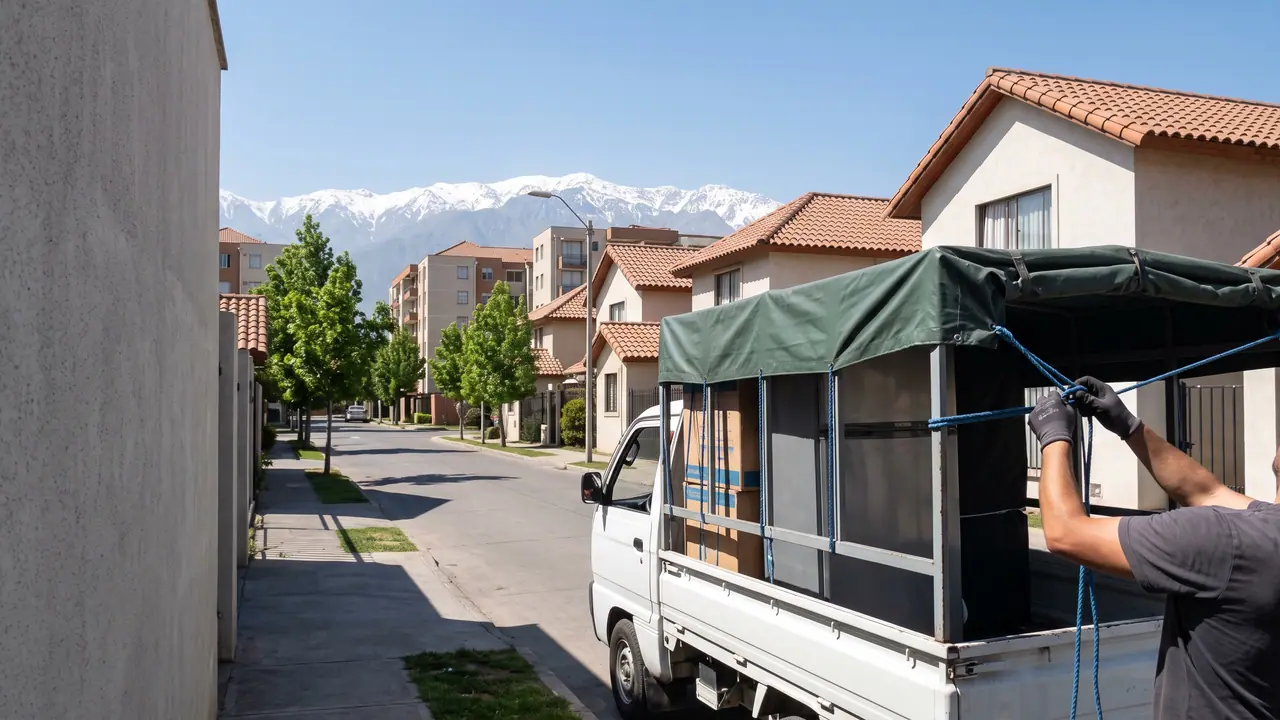 Camioneta cerrada estacionada frente a un edificio de Santiago con cajas y una lavadora en la vereda listas para cargar