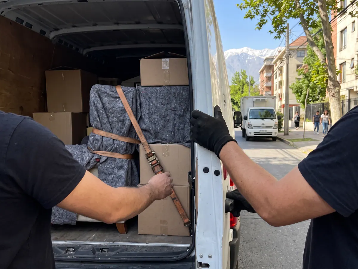 Conductor cargando cajas y un equipo de oficina en una camioneta estacionada frente a un edificio en Providencia
