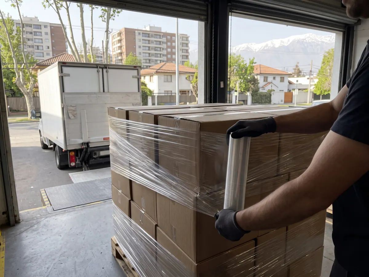 Conductor revisando una guía de despacho junto a una camioneta cerrada con cajas de mercadería en una bodega