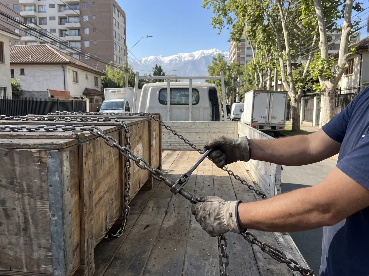 Conductor supervisando la descarga de pallets con grúa horquilla en una bodega industrial de Antofagasta