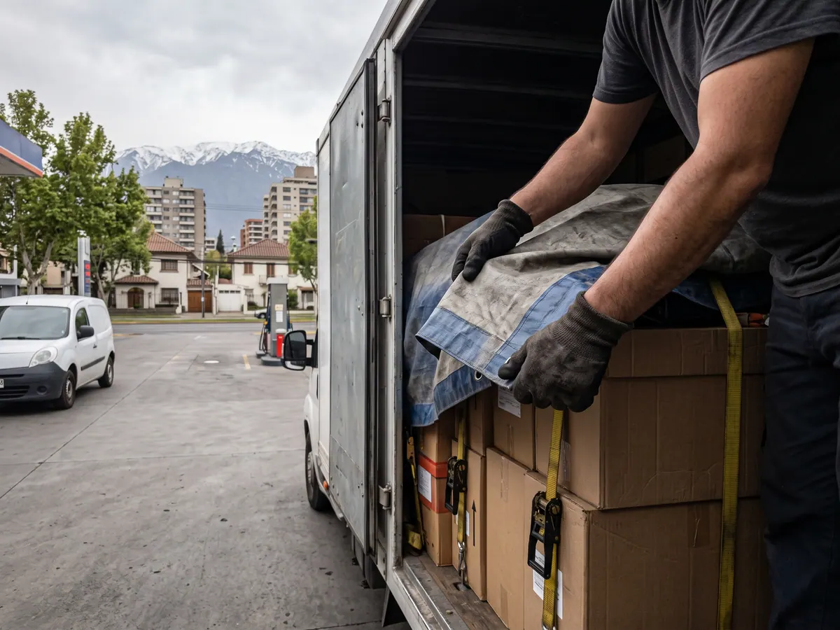 Peoneta descargando cajas y muebles envueltos en frazadas frente a una casa en San Pedro de la Paz
