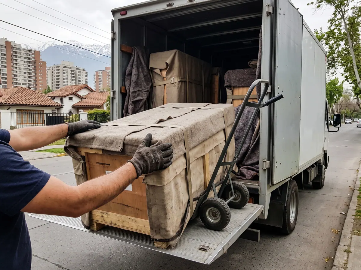 Conductor y peoneta descargando muebles envueltos en frazadas frente a una casa de madera en Puerto Montt bajo un cielo nublado