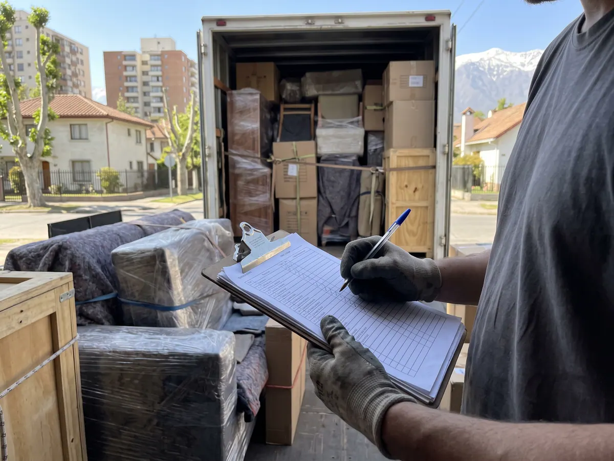 Peoneta revisando un inventario en una carpeta junto a muebles envueltos en frazadas dentro de la caja de un camión en Santiago