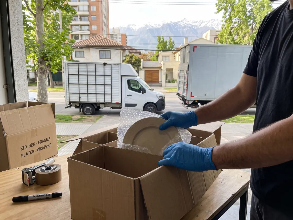 Caja de ropa colgada con barra junto a cajas etiquetadas y cuadros protegidos con cartón en el living de un departamento en Santiago