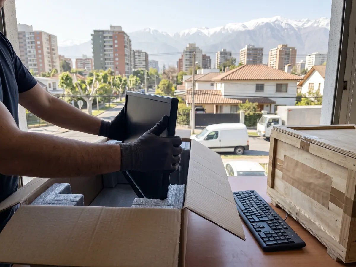 Cajas numeradas con equipos de computación y archivadores apilados en el pasillo de una oficina vacía en Santiago, listas para cargar