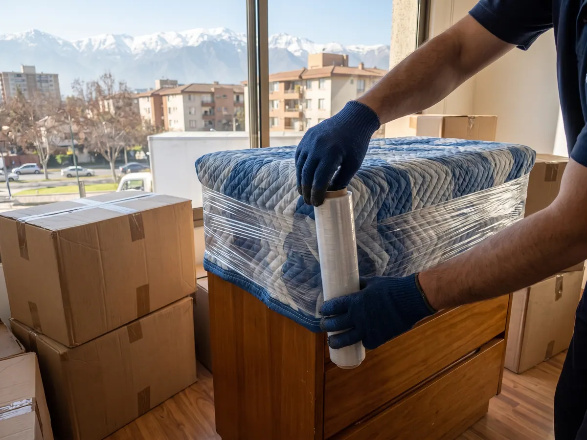 Dos peonetas bajando un refrigerador envuelto en frazada por la rampla de un camión frente a una casa en la Región Metropolitana