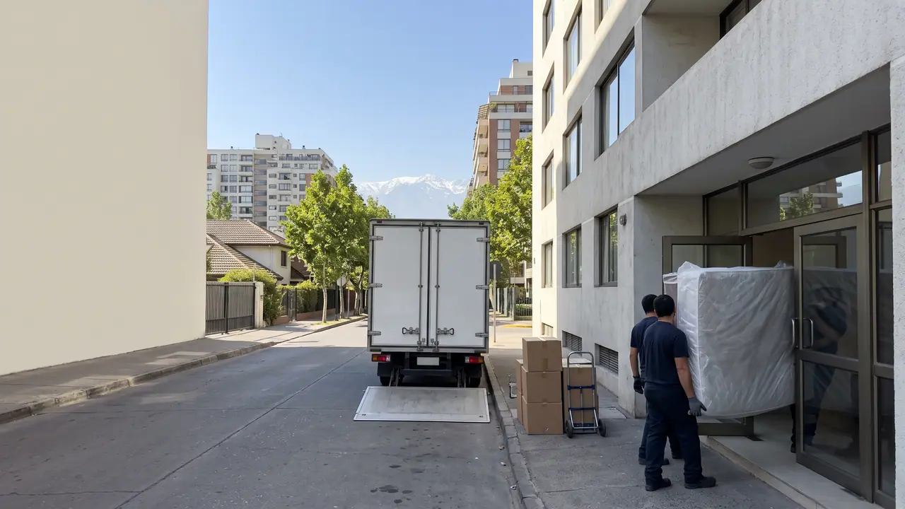 Camión 3/4 con caja cerrada estacionado frente a un edificio de departamentos en Santiago, con muebles envueltos en frazadas de mudanza listos para cargar